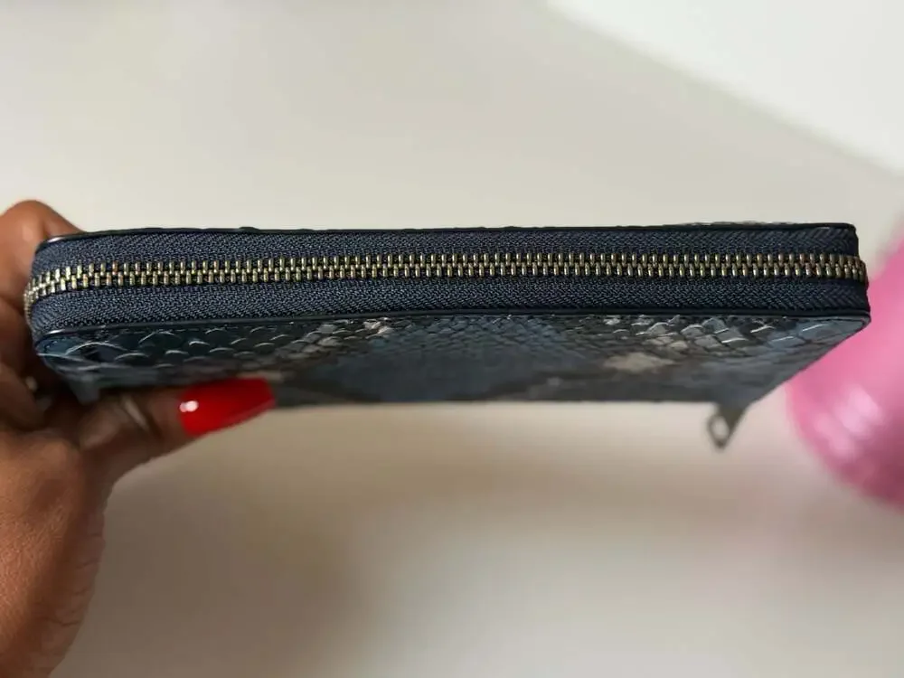 Coach Accordion Zip Around Wallet in Blue and Black Snakeskin Embossed Leather